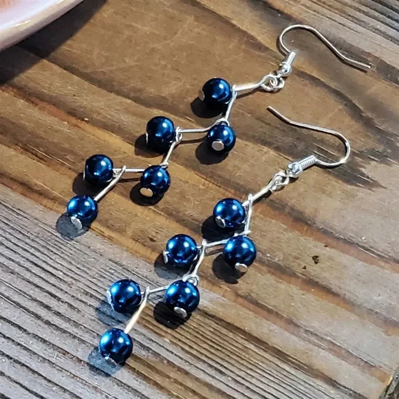 Hand Crafted Blue Glass Pearl Long Zig Zag Geometric Dangle Earrings - Picture 4 of 8